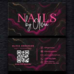 Carte De Visite QR Code Nail Spécialiste Artiste Black Hot Pink