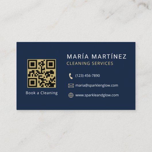 Carte De Visite QR Code Navy Blue Gold Cleaning Services (Dos)