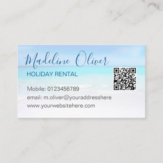 Carte De Visite QR Code Ocean Beach Location de vacances Bleu élég (Dos)