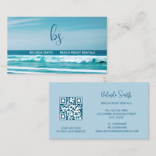 Carte De Visite QR Code Ocean Wave Initials (Devant / Derrière)