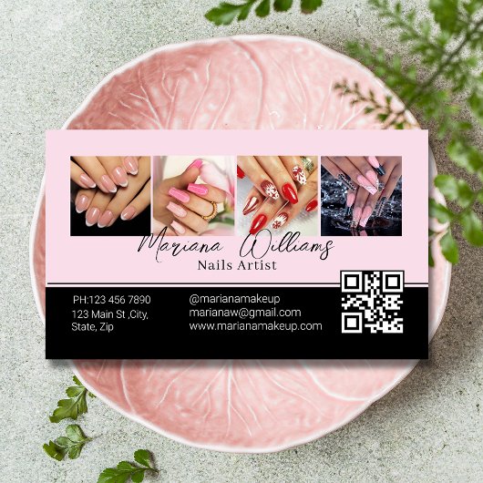 Carte De Visite qr code ongles artiste 4 photos collage rose noir