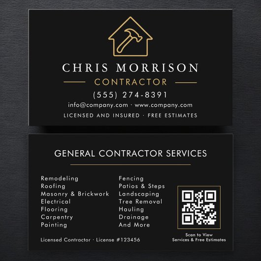 Carte de visite QR Code Or Noir Construction Génér