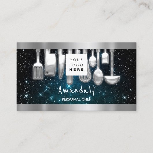 Carte De Visite QR Code Personal Chef Cuisine Restaurant Turquoise (Devant)