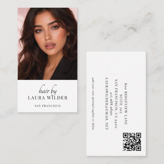 Carte de visite QR Code photo de coiffeur moderne (Devant / Derrière)
