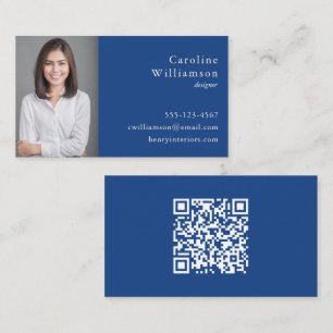 Carte De Visite QR Code Photo Professionnel Minimaliste Bleu Cobal
