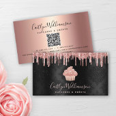 Carte De Visite QR Code Pink Cupcake Glitter Drips Bakery Black