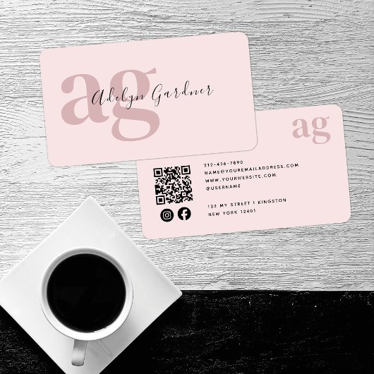 Carte De Visite QR Code Pink Monogramme Script Médias sociaux