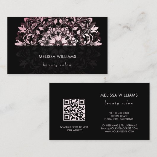 Carte De Visite QR Code | Pink Shiny Black Floral Mandala (Devant / Derrière)