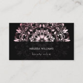 Carte De Visite QR Code | Pink Shiny Black Floral Mandala (Devant)