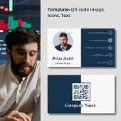 Carte De Visite QR Code Plan financier blanc et bleu