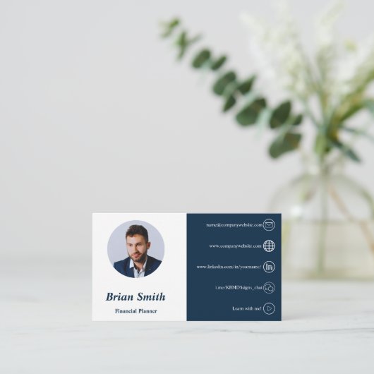 Carte De Visite QR Code Plan financier blanc et bleu (Debout devant)