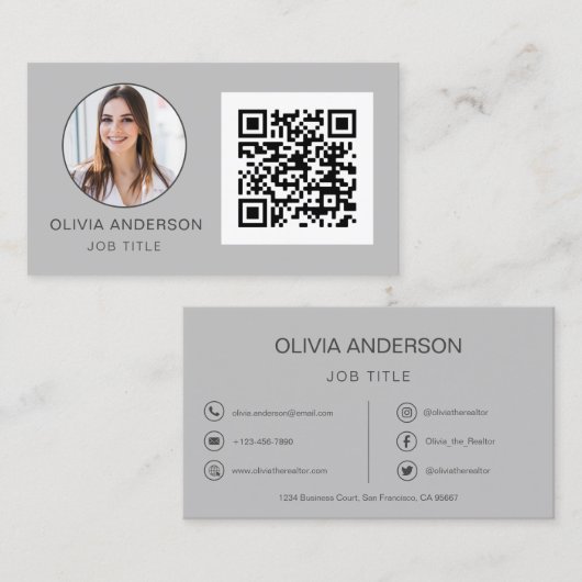 Carte De Visite QR Code Professional Photo Silver Grey (Devant / Derrière)