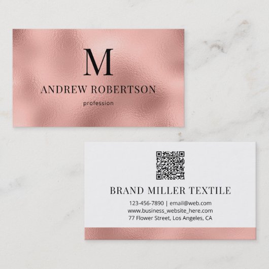 Carte De Visite QR Code professionnel Monogramme Rose Gold Faux Fo (Devant / Derrière)