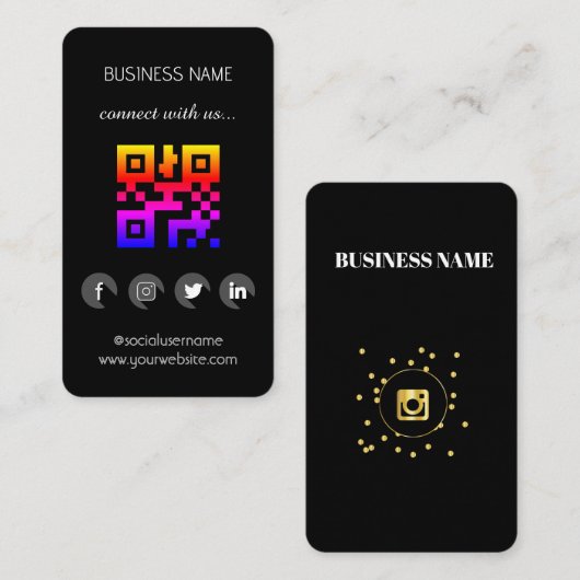 Carte de visite QR Code Réseaux Sociaux Noir (Devant / Derrière)