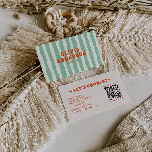Carte De Visite QR Code Retro Green Boho Super unique tendance amu