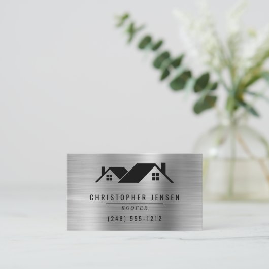 Carte De Visite QR Code Roofing Business Black Silver Metallic (Debout devant)
