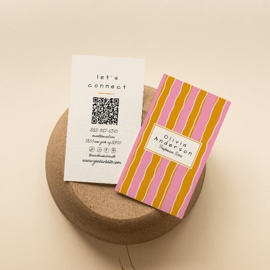 Carte De Visite QR Code rose Jaune les années 70 rayures tendance 