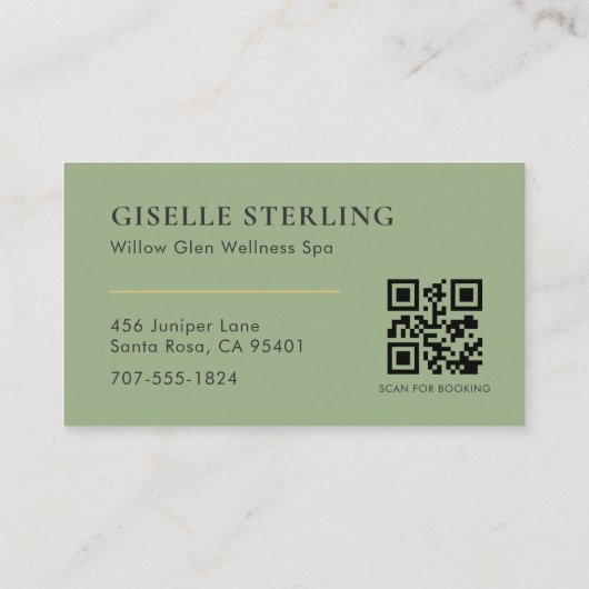 Carte De Visite QR Code Sage Green Massage Therapist (Dos)