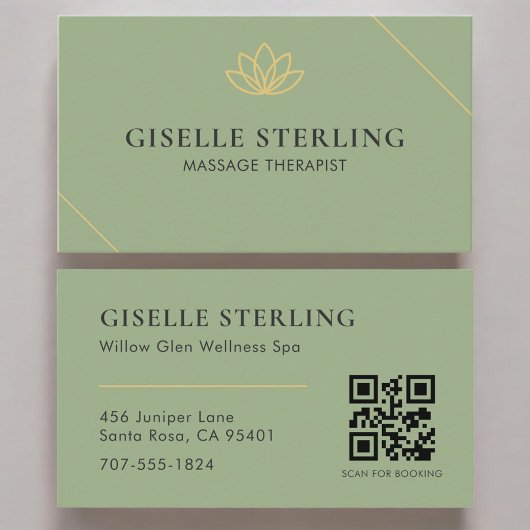 Carte De Visite QR Code Sage Green Massage Therapist