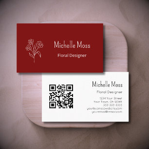 Carte De Visite QR code Simple Daisy Floral Designer Red Burgundy