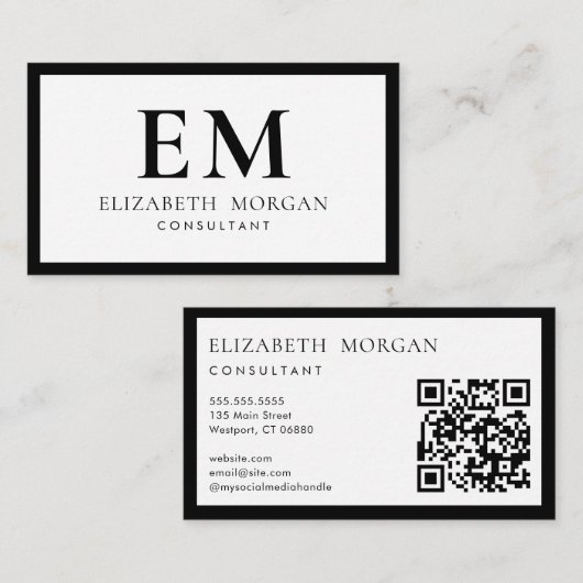 Carte De Visite QR Code Simple moderne Noir Blanc Monogramme (Devant / Derrière)