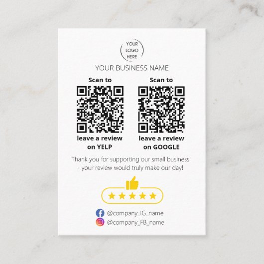 Carte De Visite QR code small business review GOOGLE and YELP  (Devant)
