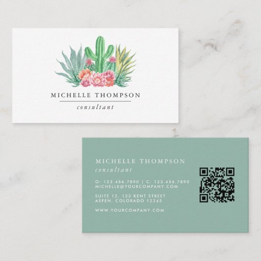 Carte de visite QR Code Succulentes Aquarelle (Devant / Derrière)