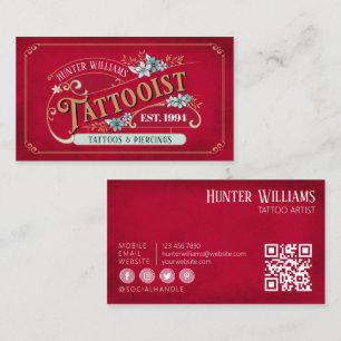 Carte De Visite QR Code Tattoo Vintage Artiste Red Professional
