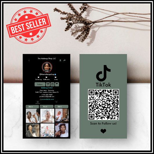 Carte de visite QR Code TikTok vert sauge pour les