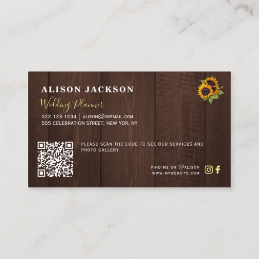 Carte De Visite QR CODE tournesol rustique wedding planner en bois (Dos)