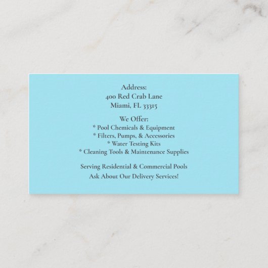 Carte De Visite QR Code White Blue Swimming Pool Contractor (Dos)