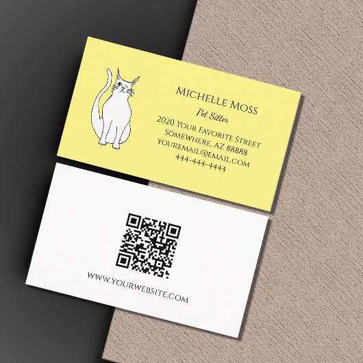 Carte De Visite QR, code Yellow Pet Sitter Cute Cat