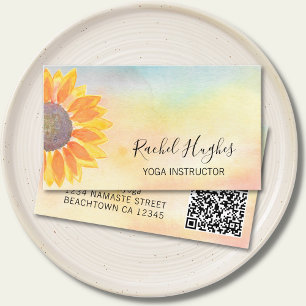Carte De Visite QR Code Yoga Instructeur Tournesol Aquarelle