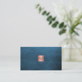 Carte De Visite QR elegant luxury blue leather rose gold monogram  (Debout devant)