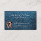 Carte De Visite QR elegant luxury blue leather rose gold monogram  (Dos)