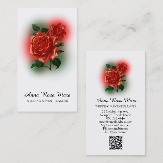 Carte De Visite *~* QR Floral Red ROSE Mariage Planificateur d'évé (Devant / Derrière)