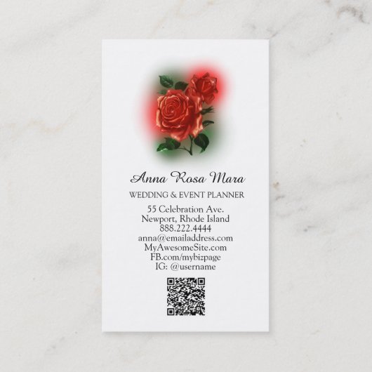 Carte De Visite *~* QR Floral Red ROSE Mariage Planificateur d'évé (Dos)
