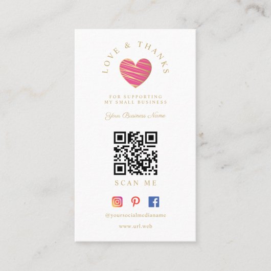 Carte De Visite QR Hot Pink Heart Love & Thanks Supporting (Devant)