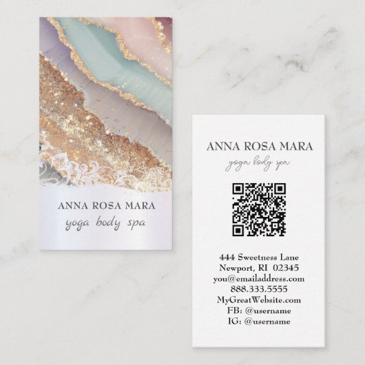 Carte De Visite *~* QR Luxe Agate Rainbow Pastel Gold Parties scin (Devant / Derrière)