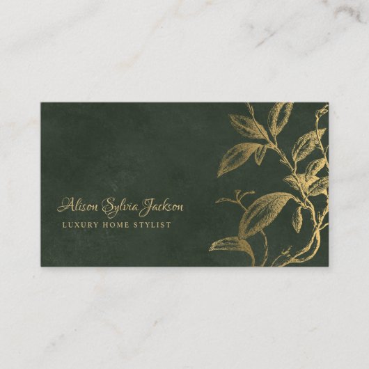 Carte De Visite QR Luxe vert élégant faux feuille d'or feuillage (Devant)