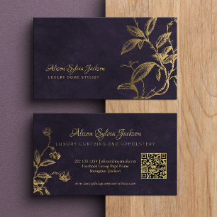 Carte De Visite QR Luxe violet élégant feuillage à motif de feuill