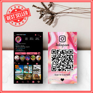 CARTE DE VISITE QR Marbre Agate Instagram Rose & N