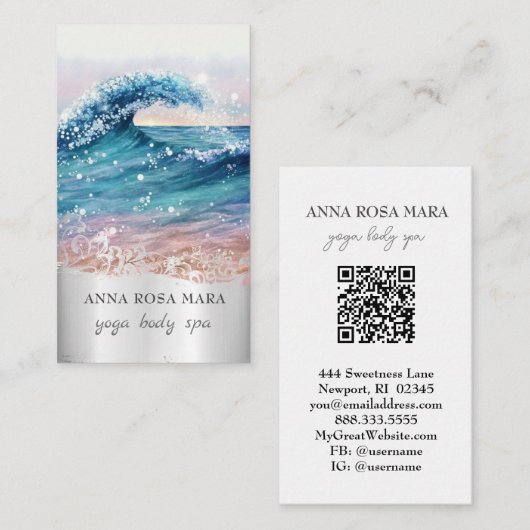 Carte De Visite *~* QR Plage Ornate Vagues Océan AR7 Sand Sea (Devant / Derrière)
