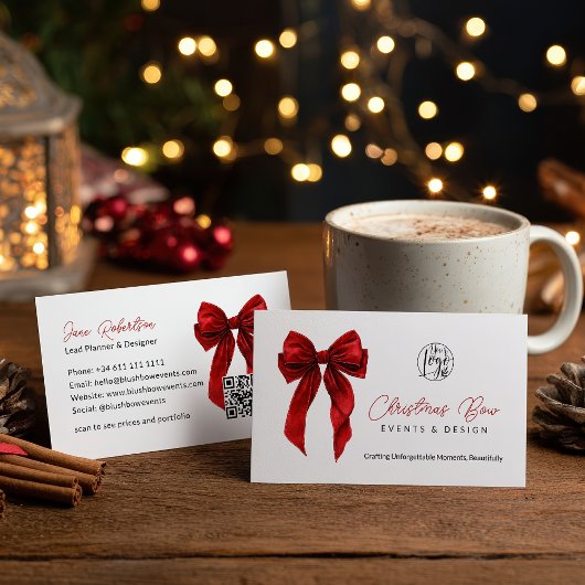 Carte De Visite QR Red Coquette Bow Elegant Events Design