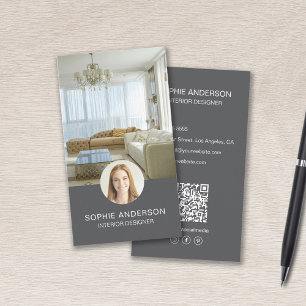 Carte de visite QR Réseaux Sociaux Gris Designer d