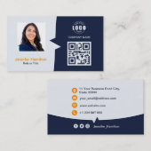 Carte De Visite QRCode professionnel photo bleu foncé orange (Devant / Derrière)