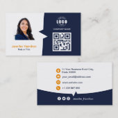 Carte De Visite QRCode professionnel photo bleu foncé orange (Devant / Derrière)