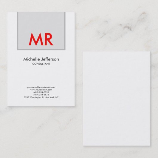 Carte De Visite Qualité Gris Rouge Blanc Élégant Unique Monogramme (Devant / Derrière)
