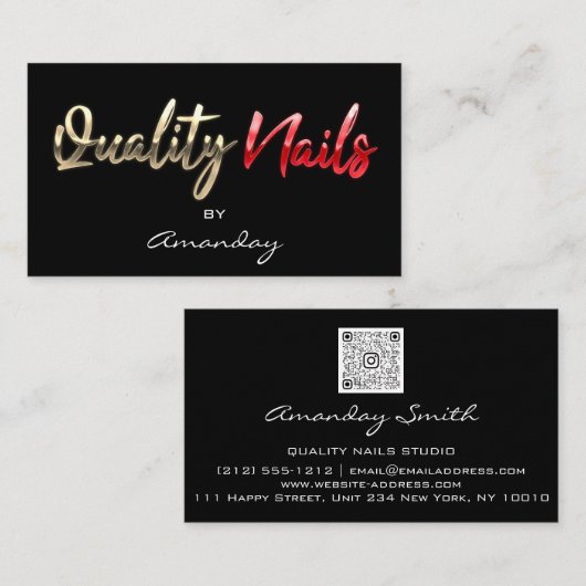 Carte De Visite Qualité Nails Code QR Logo Black Gold Red Script (Devant / Derrière)
