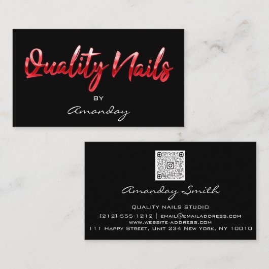 Carte De Visite Qualité Nails Code QR Logo Black Red Script (Devant / Derrière)